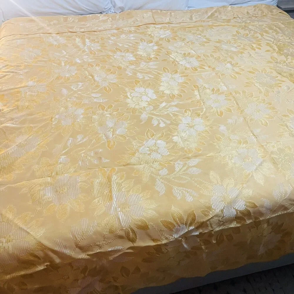 Burlington Mills Satin Bed Cover King Queen yellow gold damask floral 95”x 85”